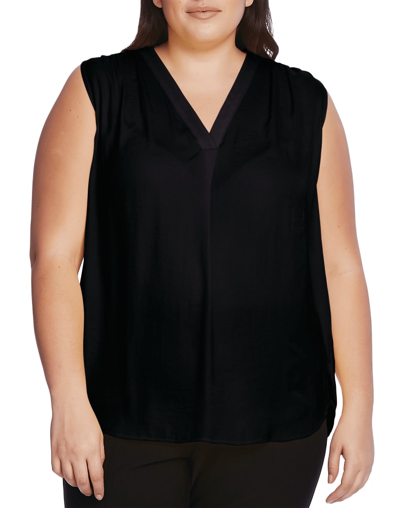 Front of a model wearing a size 1X Elena Sleeveless Blouse in RICH BLACK by Vince Camuto. | dia_product_style_image_id:261090